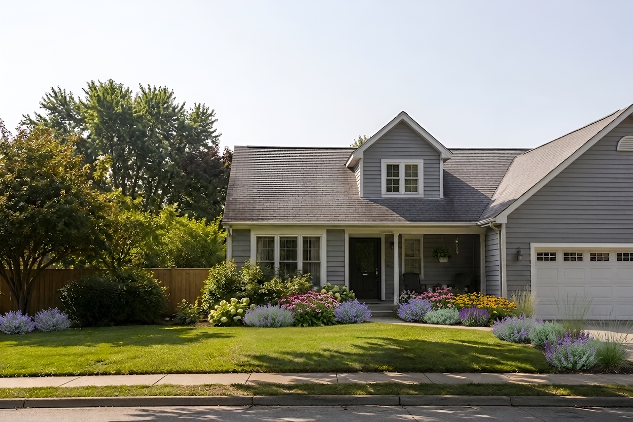 Front-yard design with flowering borders around a gray house