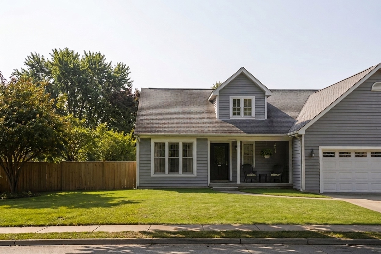 Original front lawn and gray house before adding planted borders